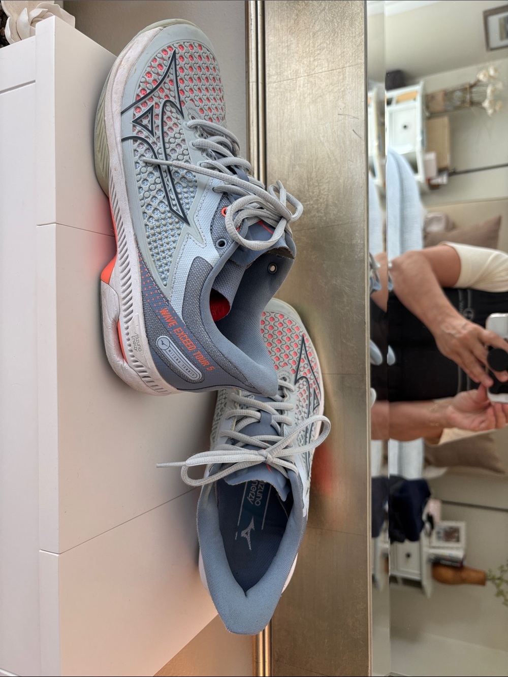 Mizuno Light Gray Court Sneakers with Coral Highlights